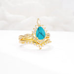 Pear Cut Turquoise Crown Engagement Ring Set with Chevron Enhancer - White-Gold