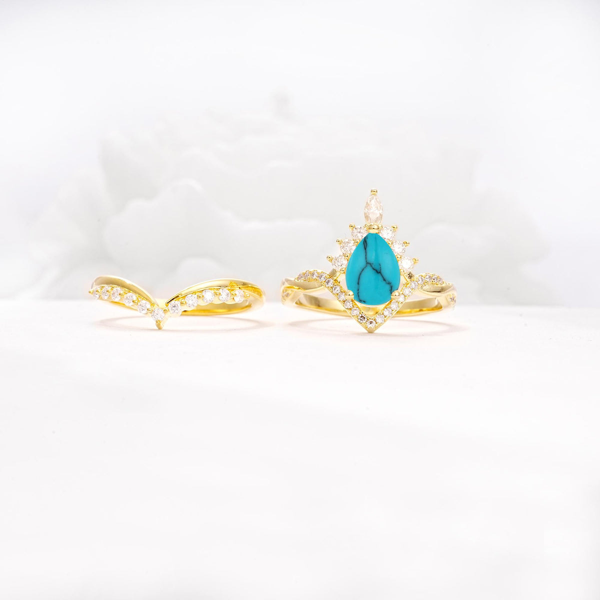 Pear Cut Turquoise Crown Engagement Ring Set with Chevron Enhancer - Additional view