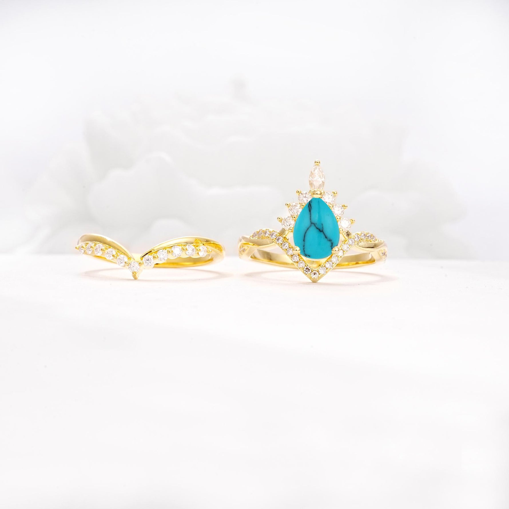 Pear Cut Turquoise Crown Engagement Ring Set with Chevron Enhancer - Additional view