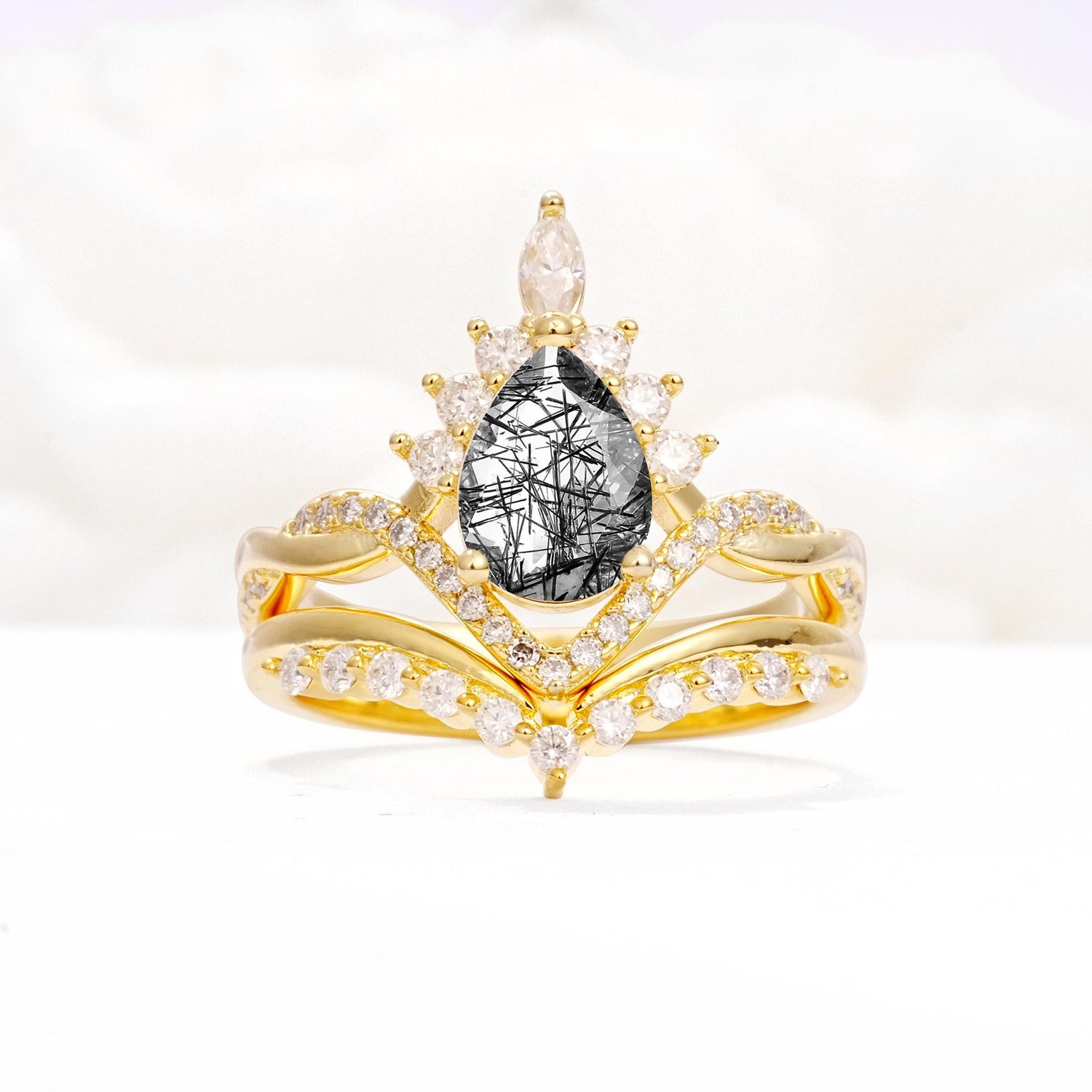 Pear Cut Black Rutilated Quartz Crown Engagement Ring Set with Chevron Enhancer - Yellow-Gold