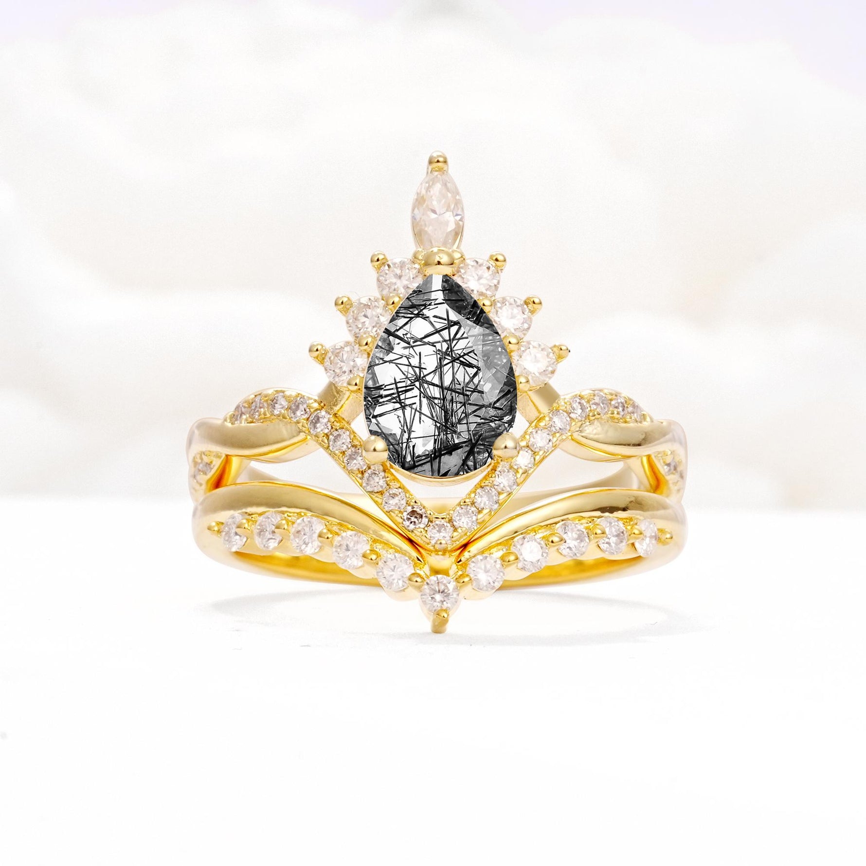 Pear Cut Black Rutilated Quartz Crown Engagement Ring Set with Chevron Enhancer - Yellow-Gold