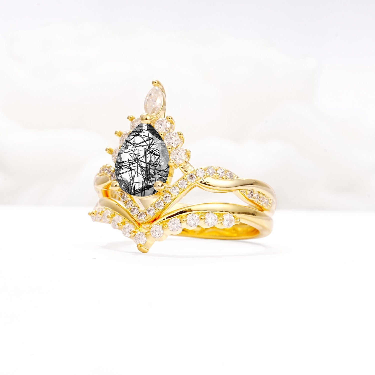 Pear Cut Black Rutilated Quartz Crown Engagement Ring Set with Chevron Enhancer - Rose-Gold