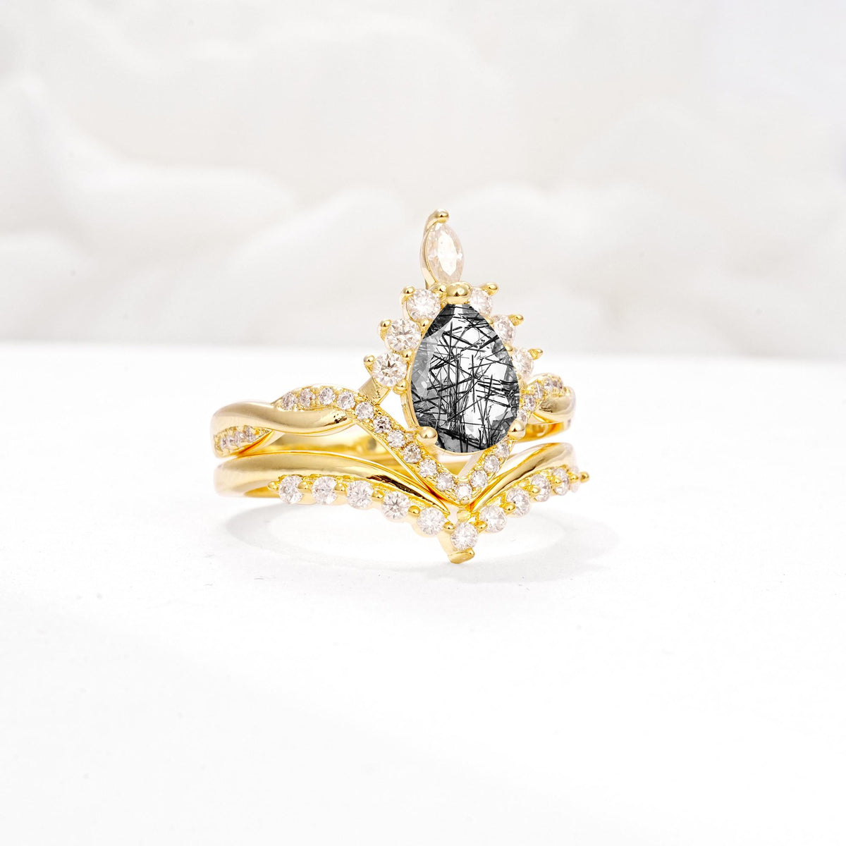 Pear Cut Black Rutilated Quartz Crown Engagement Ring Set with Chevron Enhancer - White-Gold