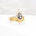 Pear Cut Black Rutilated Quartz Crown Engagement Ring Set with Chevron Enhancer - White-Gold