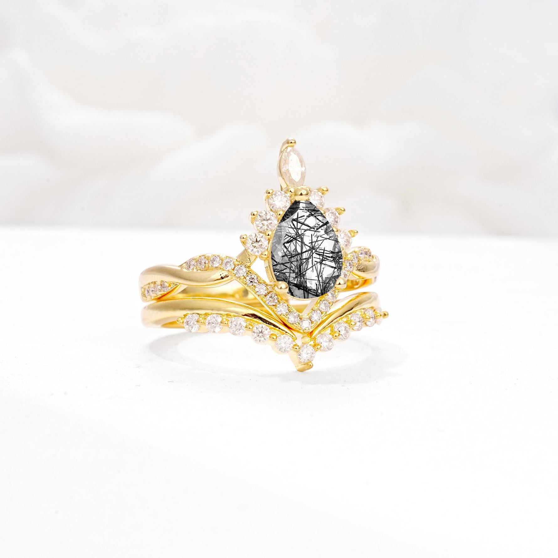 Pear Cut Black Rutilated Quartz Crown Engagement Ring Set with Chevron Enhancer - White-Gold