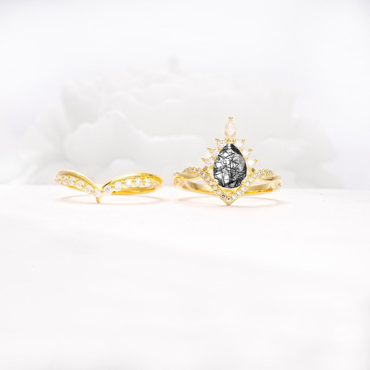 Pear Cut Black Rutilated Quartz Crown Engagement Ring Set with Chevron Enhancer - Additional view