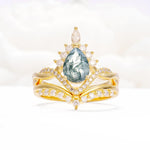 Pear Cut Moss Agate Crown Engagement Ring Set with Chevron Enhancer - Yellow-Gold