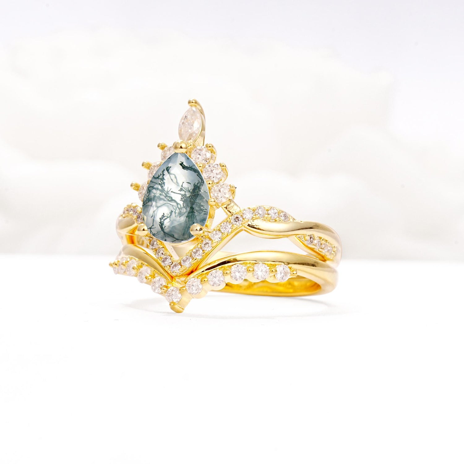 Pear Cut Moss Agate Crown Engagement Ring Set with Chevron Enhancer - Rose-Gold