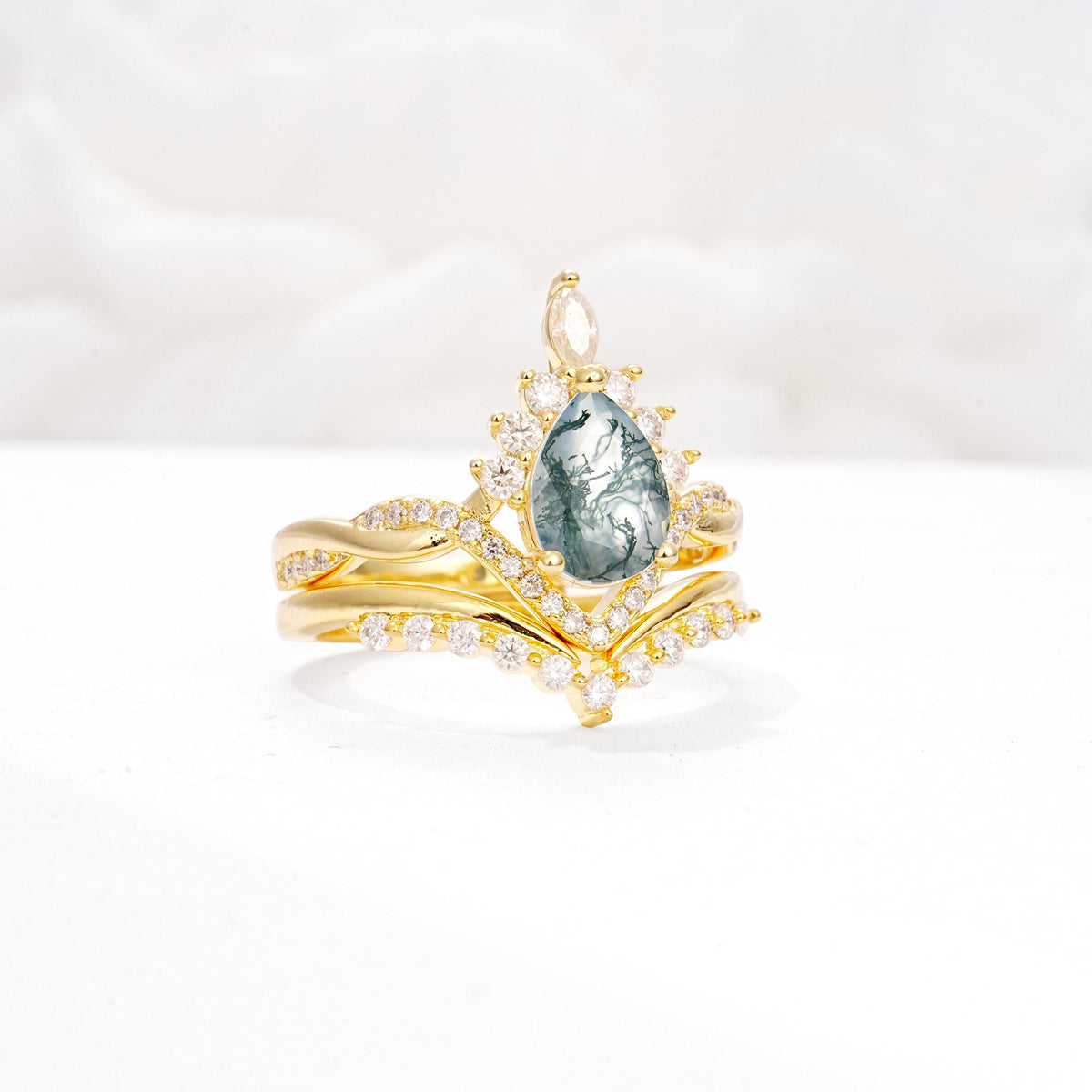 Pear Cut Moss Agate Crown Engagement Ring Set with Chevron Enhancer - White-Gold