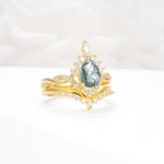 Pear Cut Moss Agate Crown Engagement Ring Set with Chevron Enhancer - White-Gold