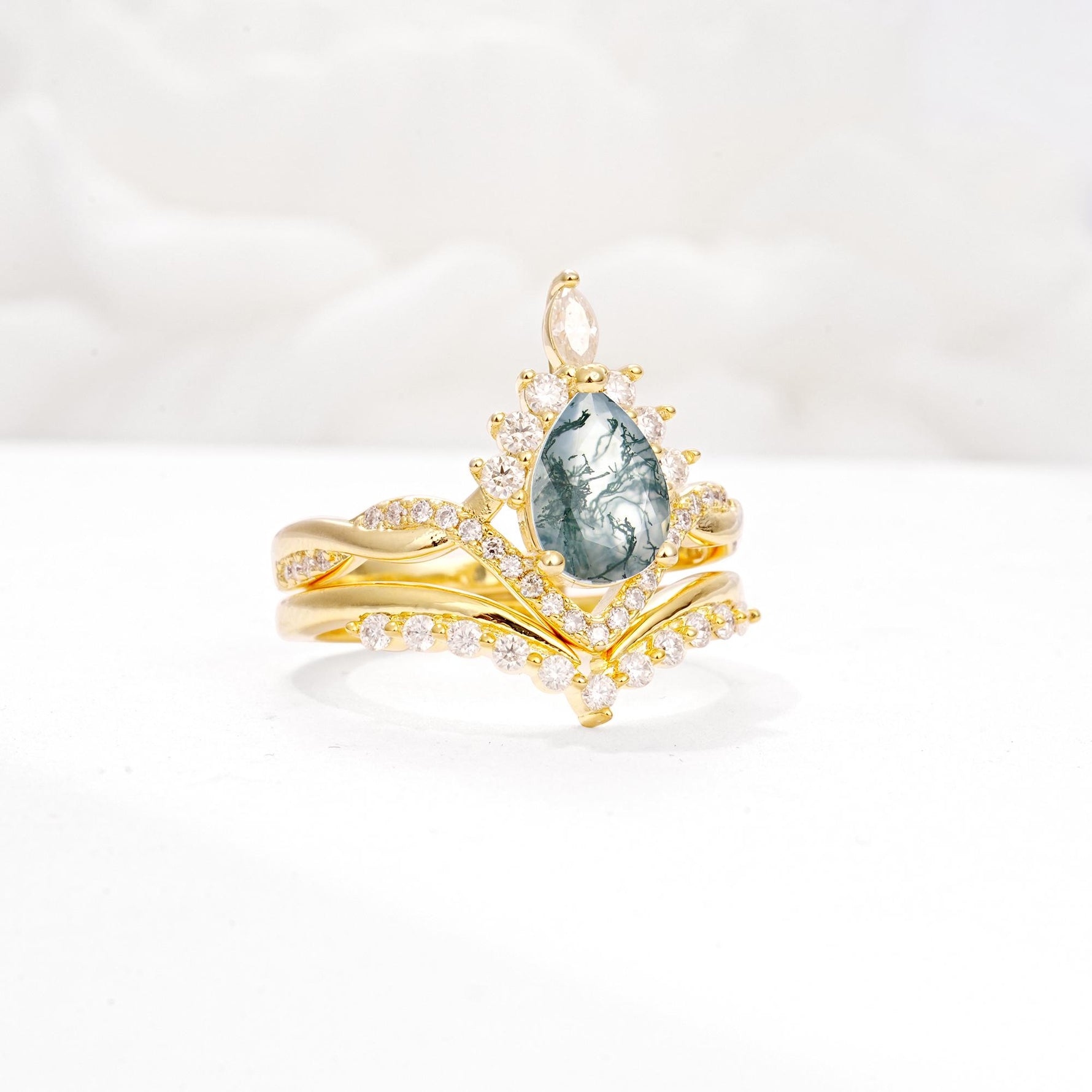 Pear Cut Moss Agate Crown Engagement Ring Set with Chevron Enhancer - White-Gold