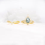 Pear Cut Moss Agate Crown Engagement Ring Set with Chevron Enhancer - Additional view