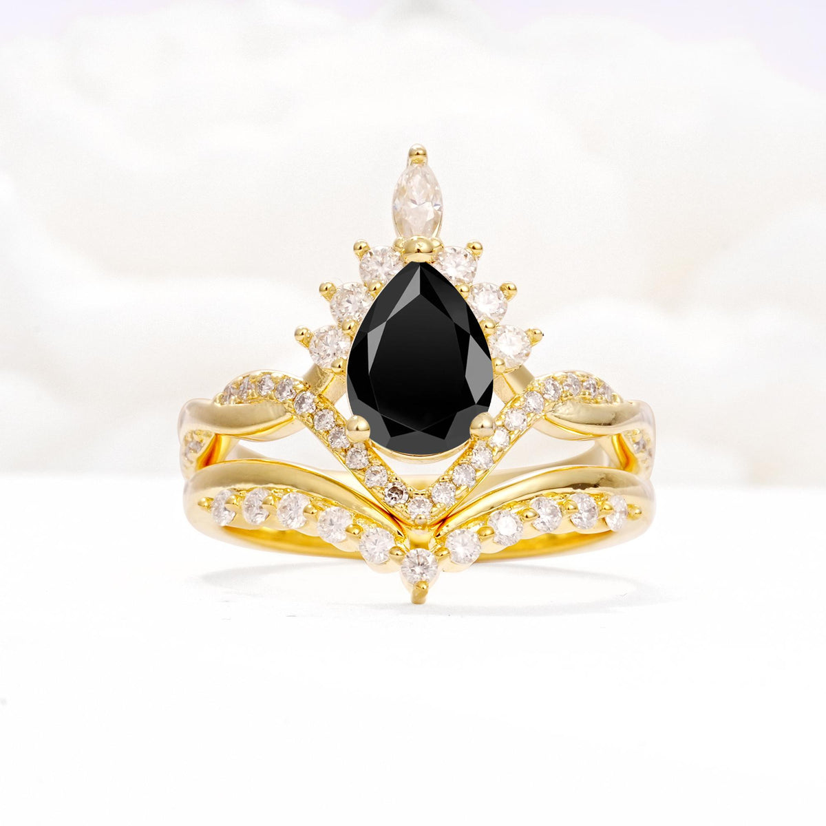 Pear Cut Black Onyx Crown Engagement Ring Set with Chevron Enhancer - Yellow-Gold
