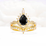 Pear Cut Black Onyx Crown Engagement Ring Set with Chevron Enhancer - Yellow-Gold
