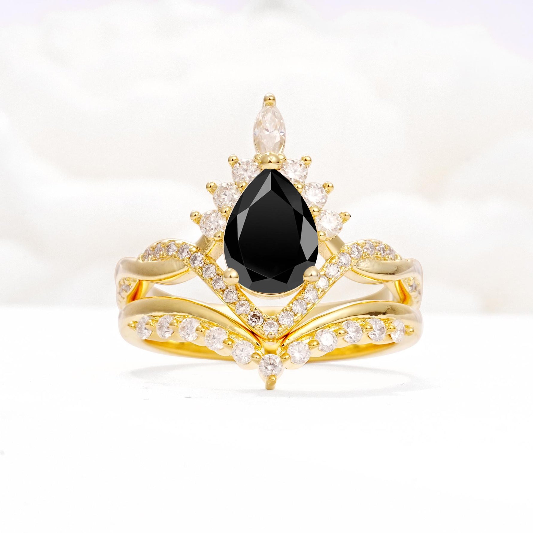 Pear Cut Black Onyx Crown Engagement Ring Set with Chevron Enhancer - Yellow-Gold