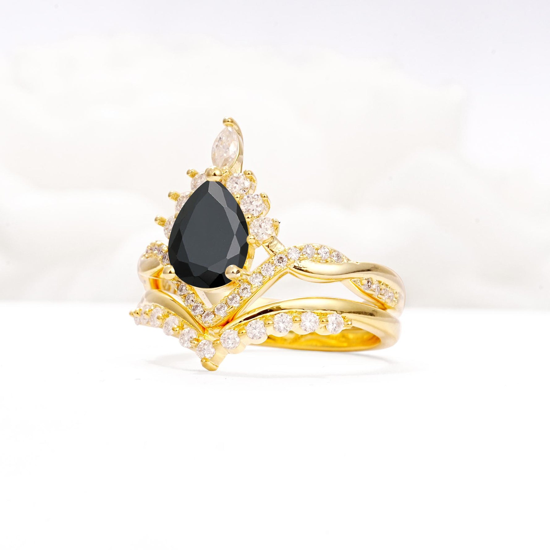 Pear Cut Black Onyx Crown Engagement Ring Set with Chevron Enhancer - Rose-Gold