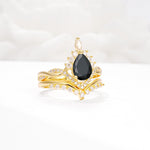Pear Cut Black Onyx Crown Engagement Ring Set with Chevron Enhancer - White-Gold