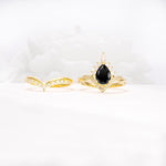 Pear Cut Black Onyx Crown Engagement Ring Set with Chevron Enhancer - Additional view