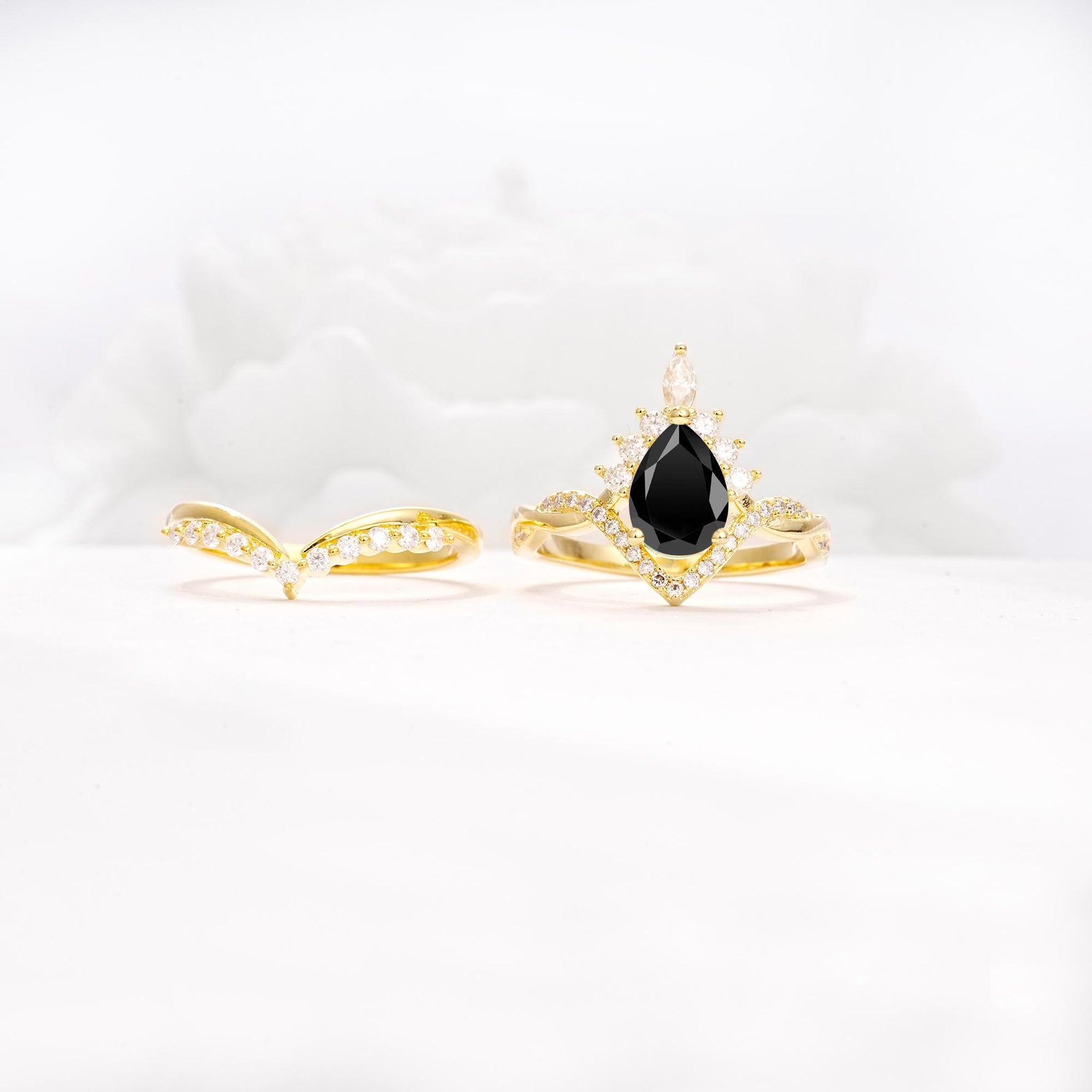 Pear Cut Black Onyx Crown Engagement Ring Set with Chevron Enhancer - Additional view