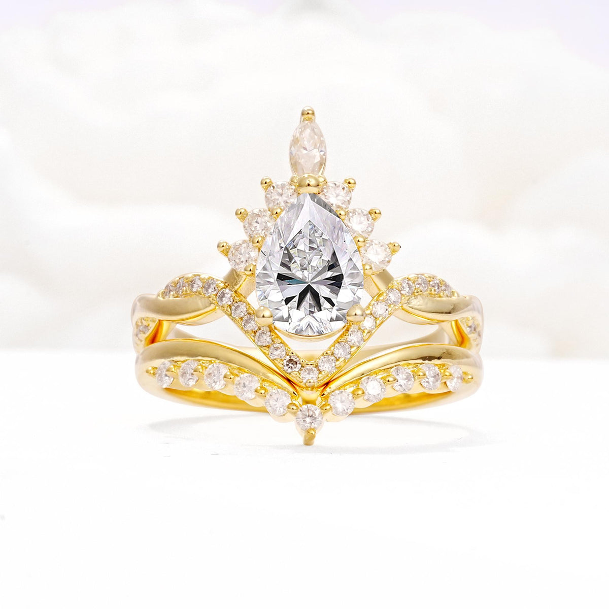 Pear Cut Lab Diamond Crown Engagement Ring Set with Chevron Enhancer - Yellow-Gold