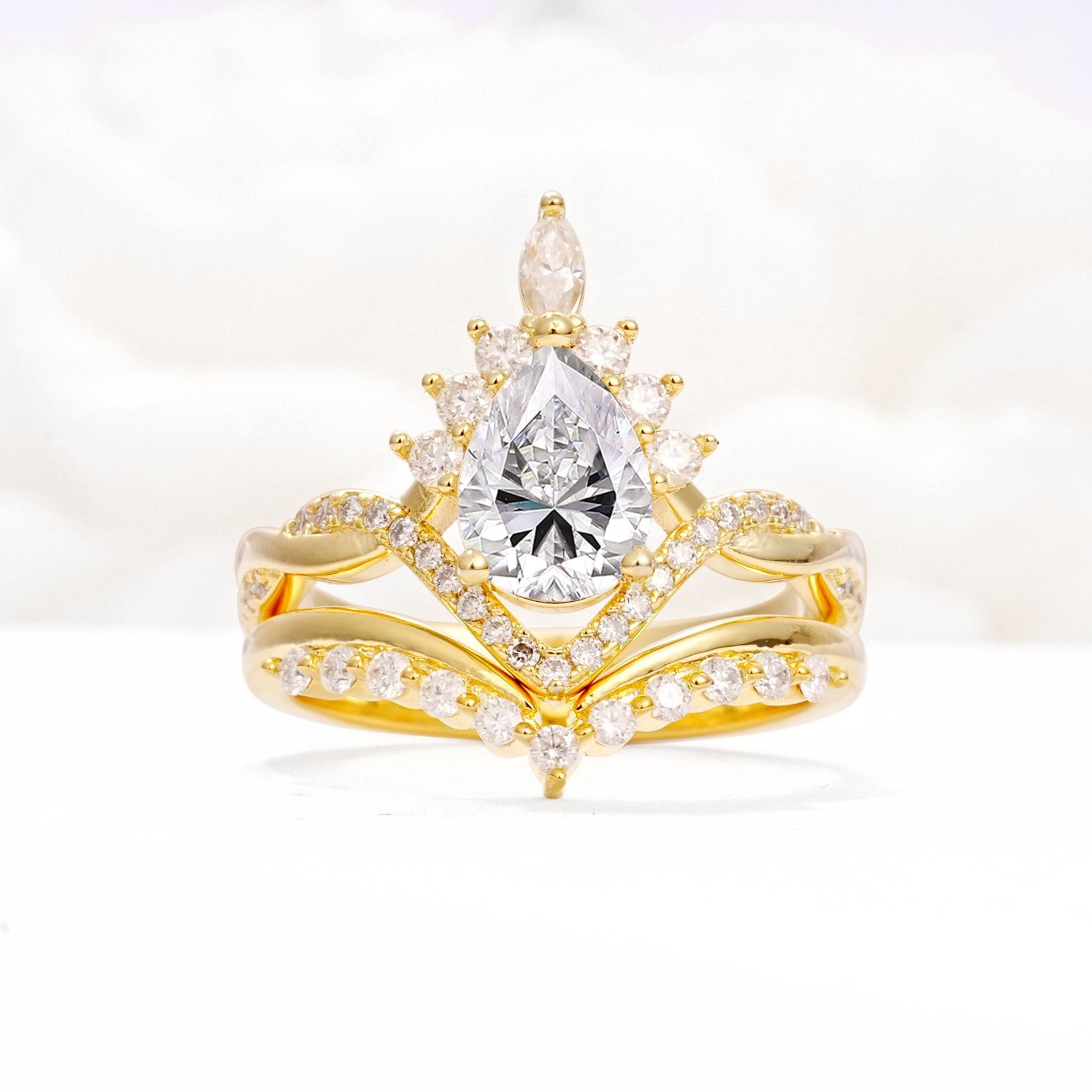 Pear Cut Lab Diamond Crown Engagement Ring Set with Chevron Enhancer - Yellow-Gold