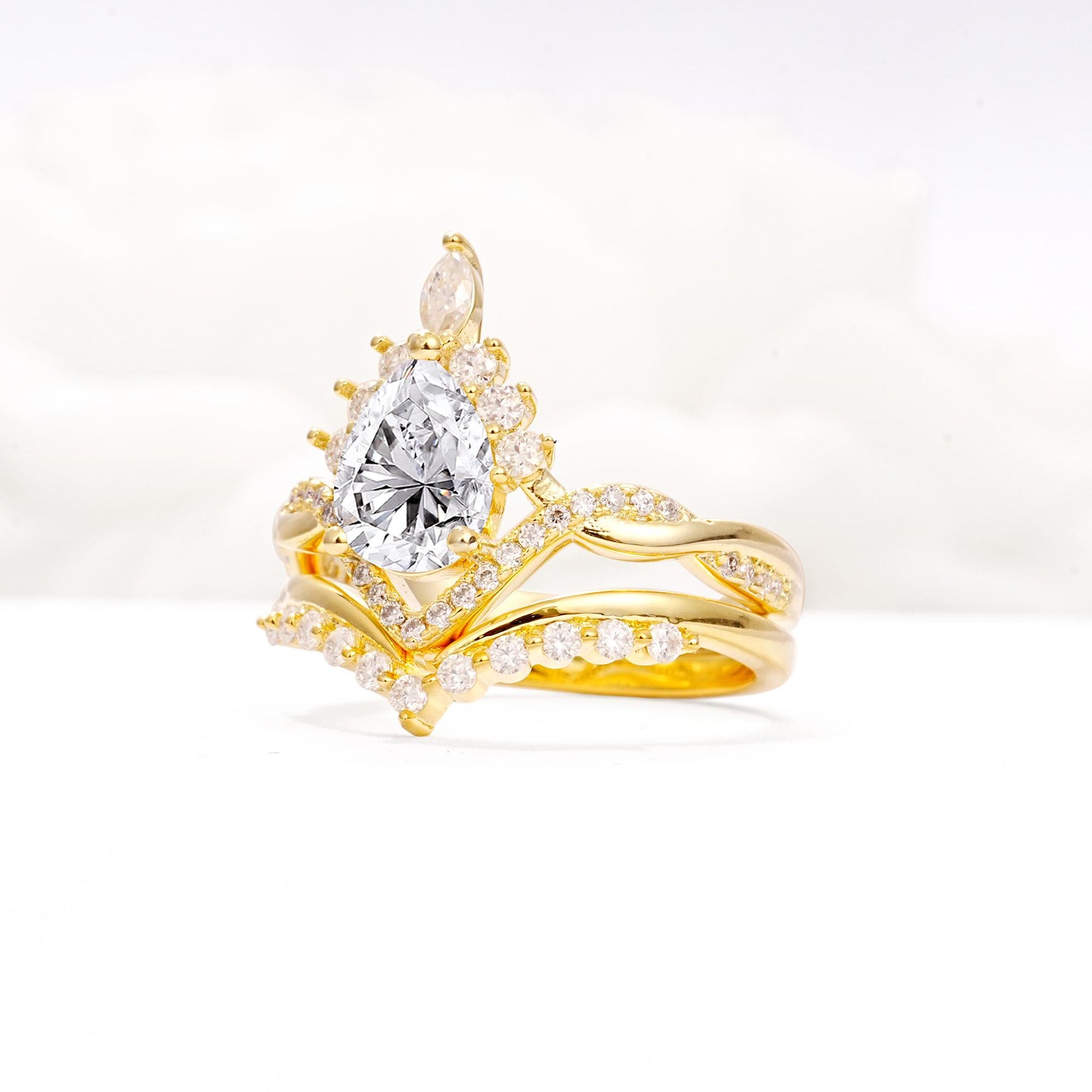 Pear Cut Lab Diamond Crown Engagement Ring Set with Chevron Enhancer - Rose-Gold