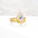 Pear Cut Lab Diamond Crown Engagement Ring Set with Chevron Enhancer - White-Gold