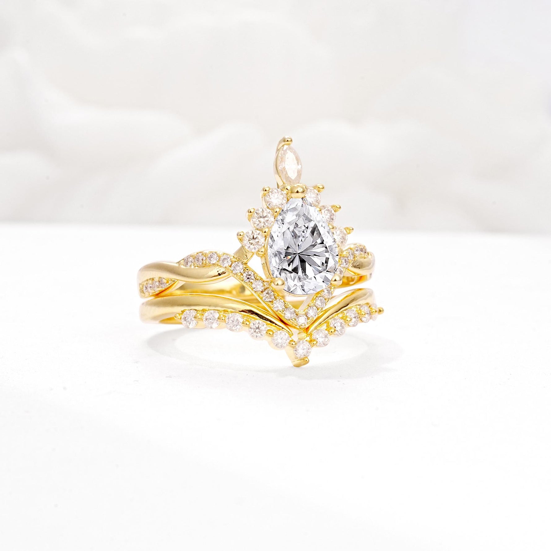 Pear Cut Lab Diamond Crown Engagement Ring Set with Chevron Enhancer - White-Gold