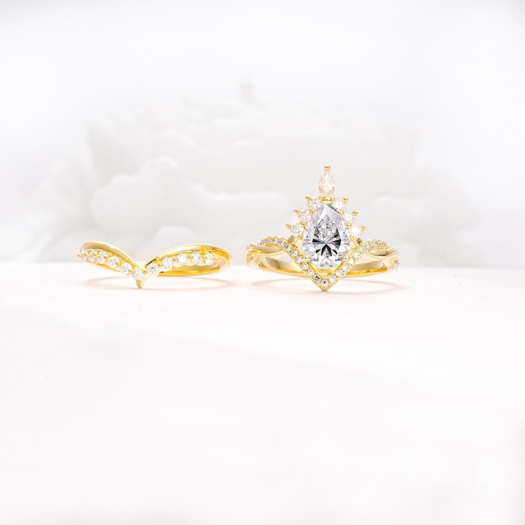 Pear Cut Lab Diamond Crown Engagement Ring Set with Chevron Enhancer - Additional view