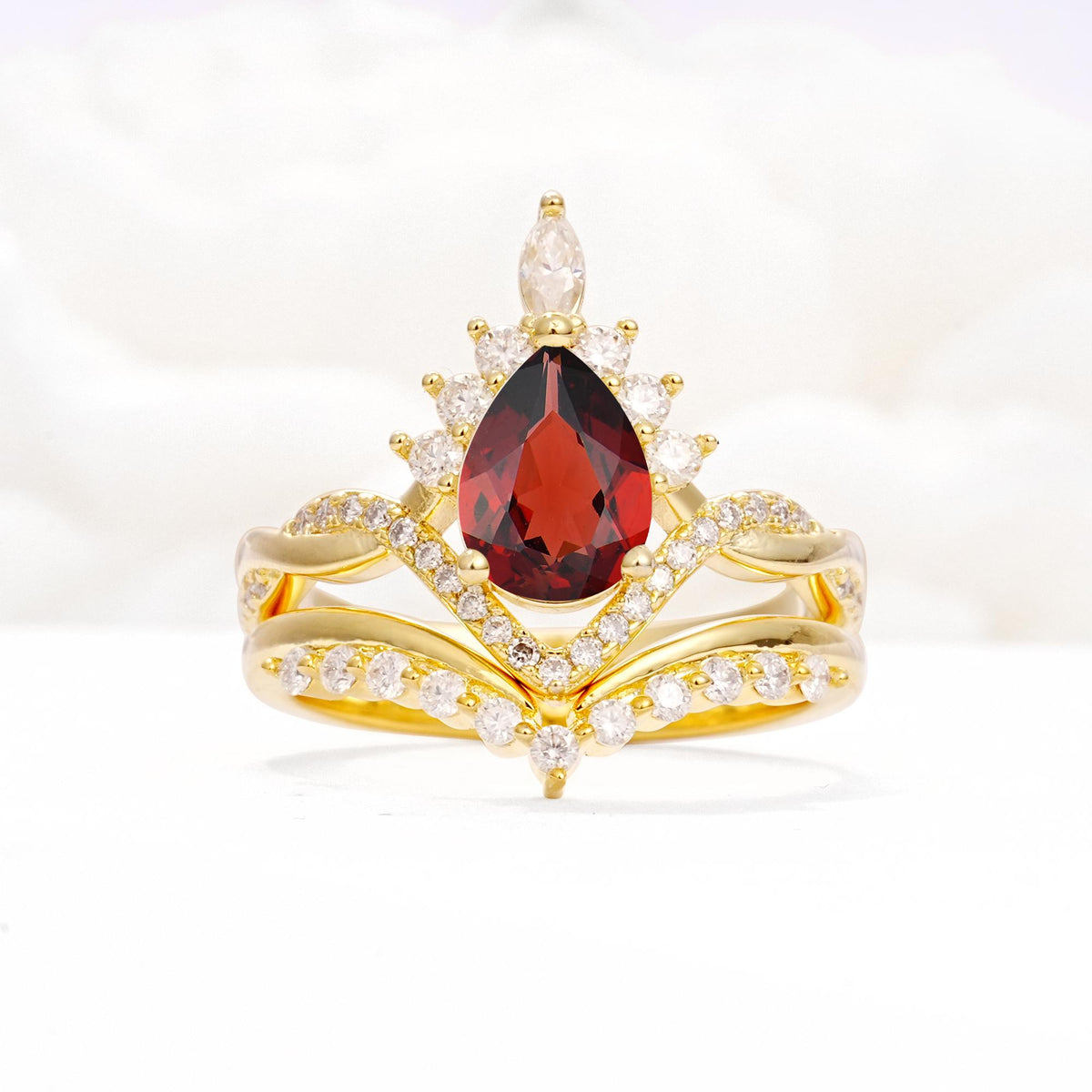 Pear Cut Garnet Crown Engagement Ring Set with Chevron Enhancer - Yellow-Gold