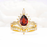 Pear Cut Garnet Crown Engagement Ring Set with Chevron Enhancer - Yellow-Gold
