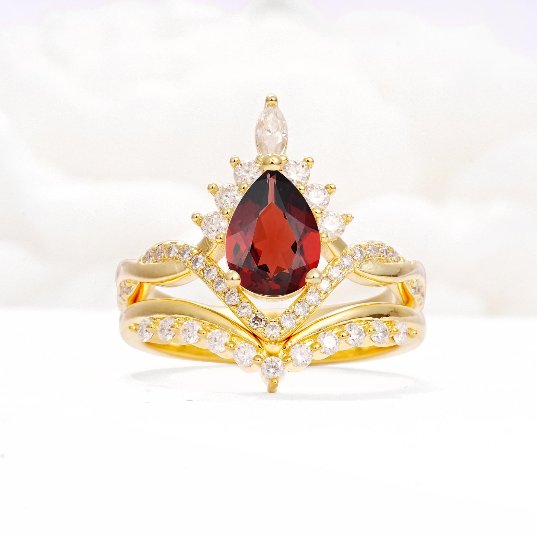 Pear Cut Garnet Crown Engagement Ring Set with Chevron Enhancer - Yellow-Gold