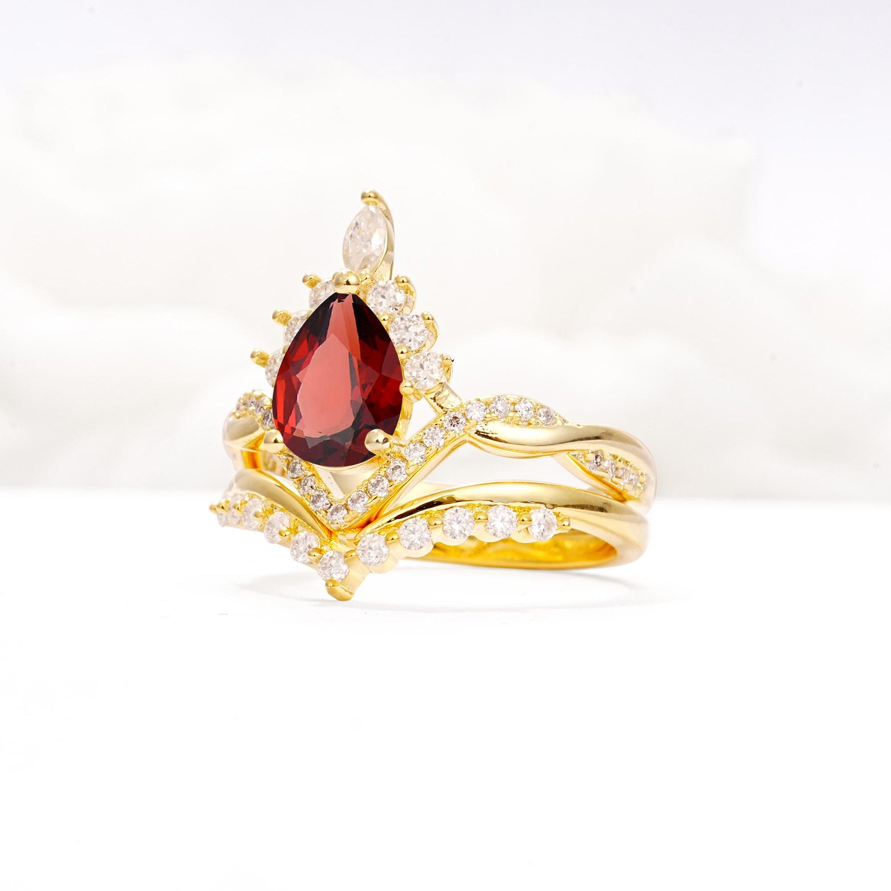 Pear Cut Garnet Crown Engagement Ring Set with Chevron Enhancer - Rose-Gold