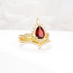 Pear Cut Garnet Crown Engagement Ring Set with Chevron Enhancer - White-Gold