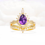 Pear Cut Amethyst Crown Engagement Ring Set with Chevron Enhancer - Yellow-Gold