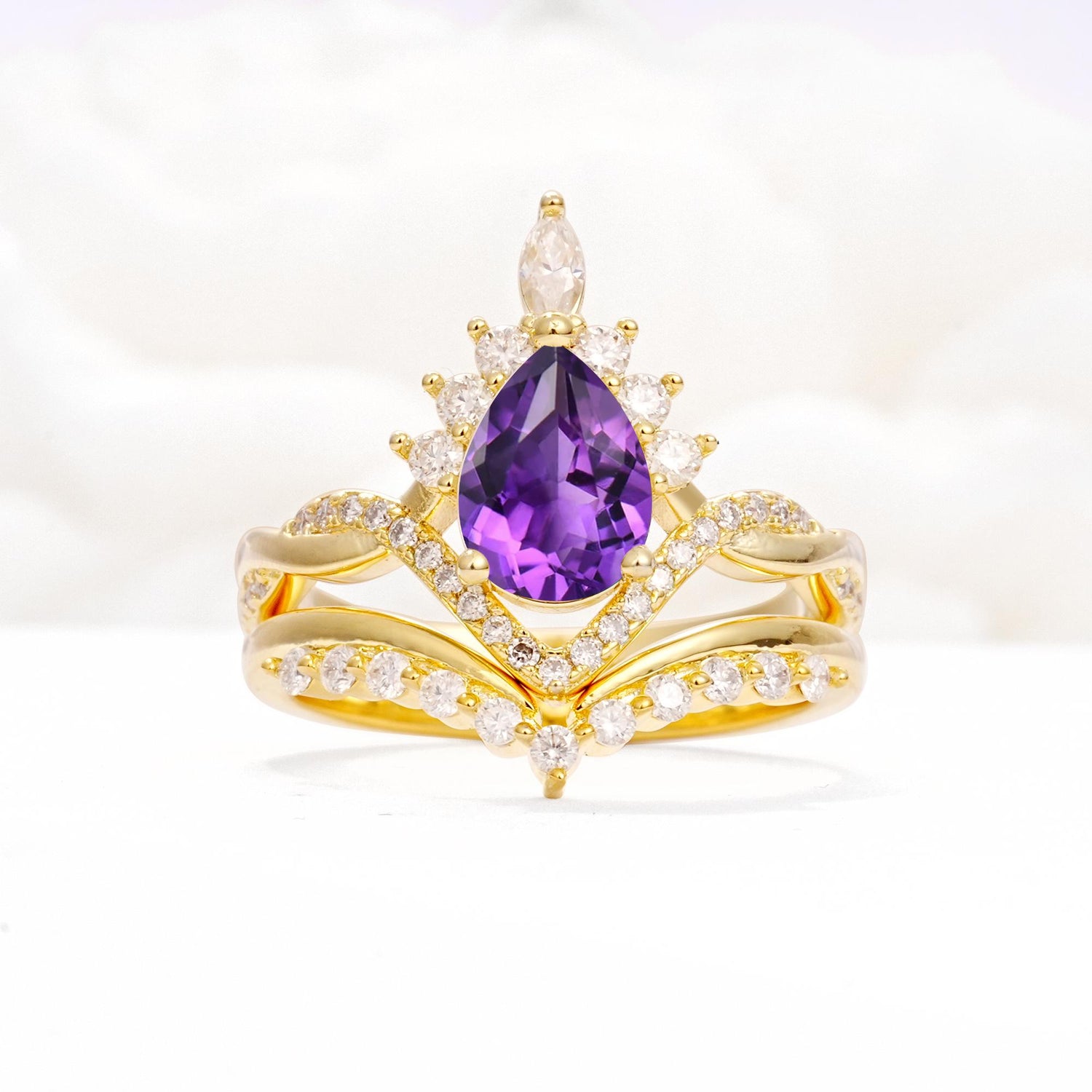 Pear Cut Amethyst Crown Engagement Ring Set with Chevron Enhancer - Yellow-Gold