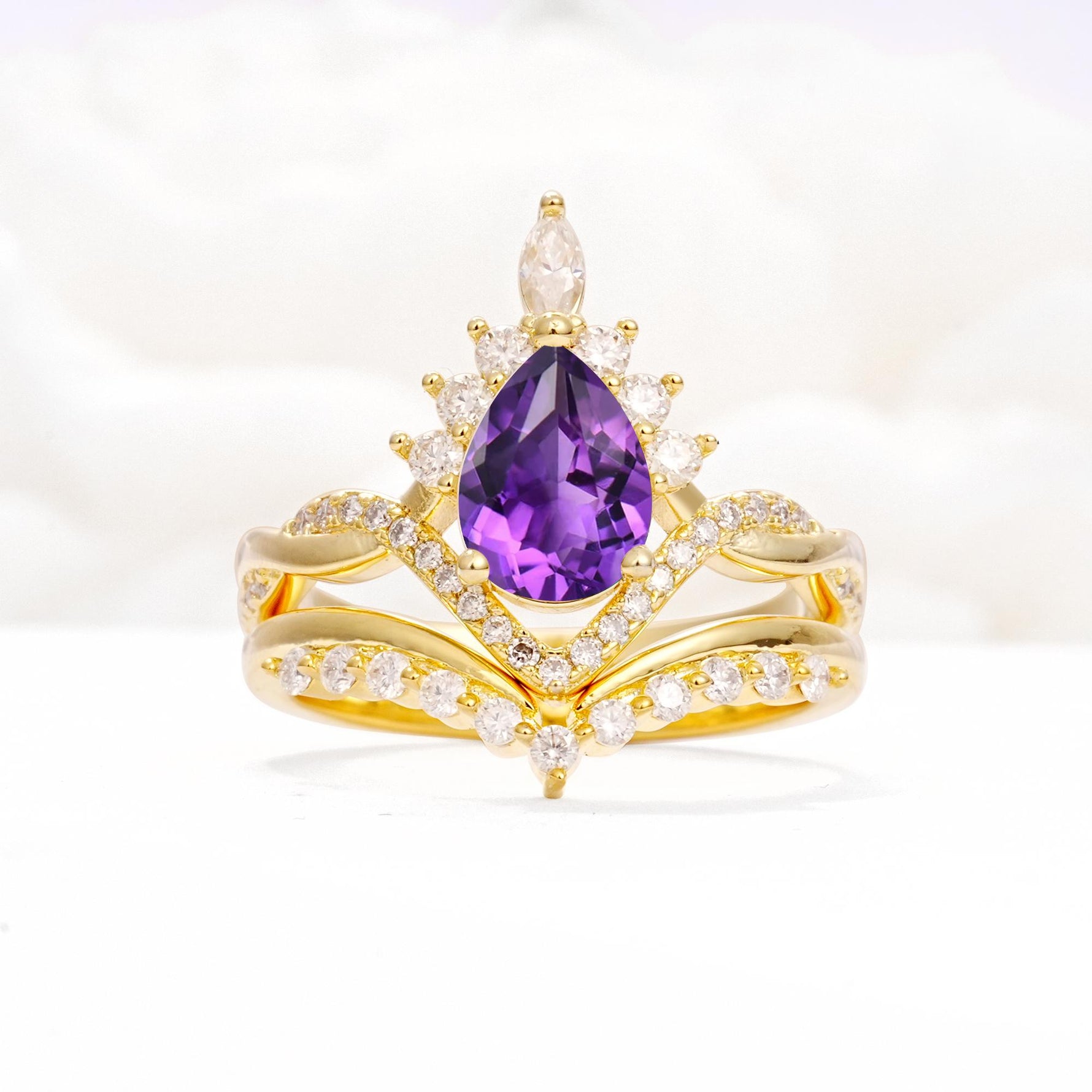 Pear Cut Amethyst Crown Engagement Ring Set with Chevron Enhancer - Yellow-Gold