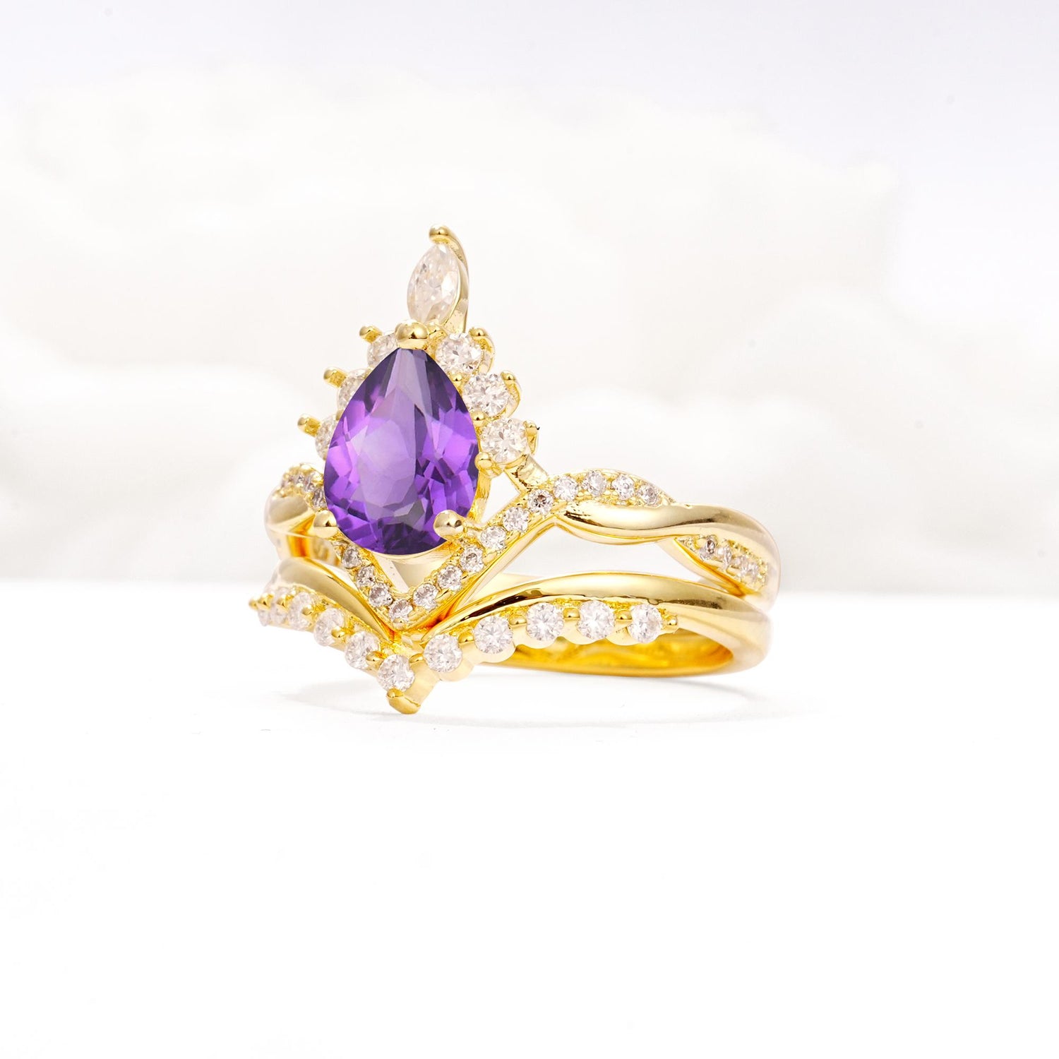 Pear Cut Amethyst Crown Engagement Ring Set with Chevron Enhancer - Rose-Gold