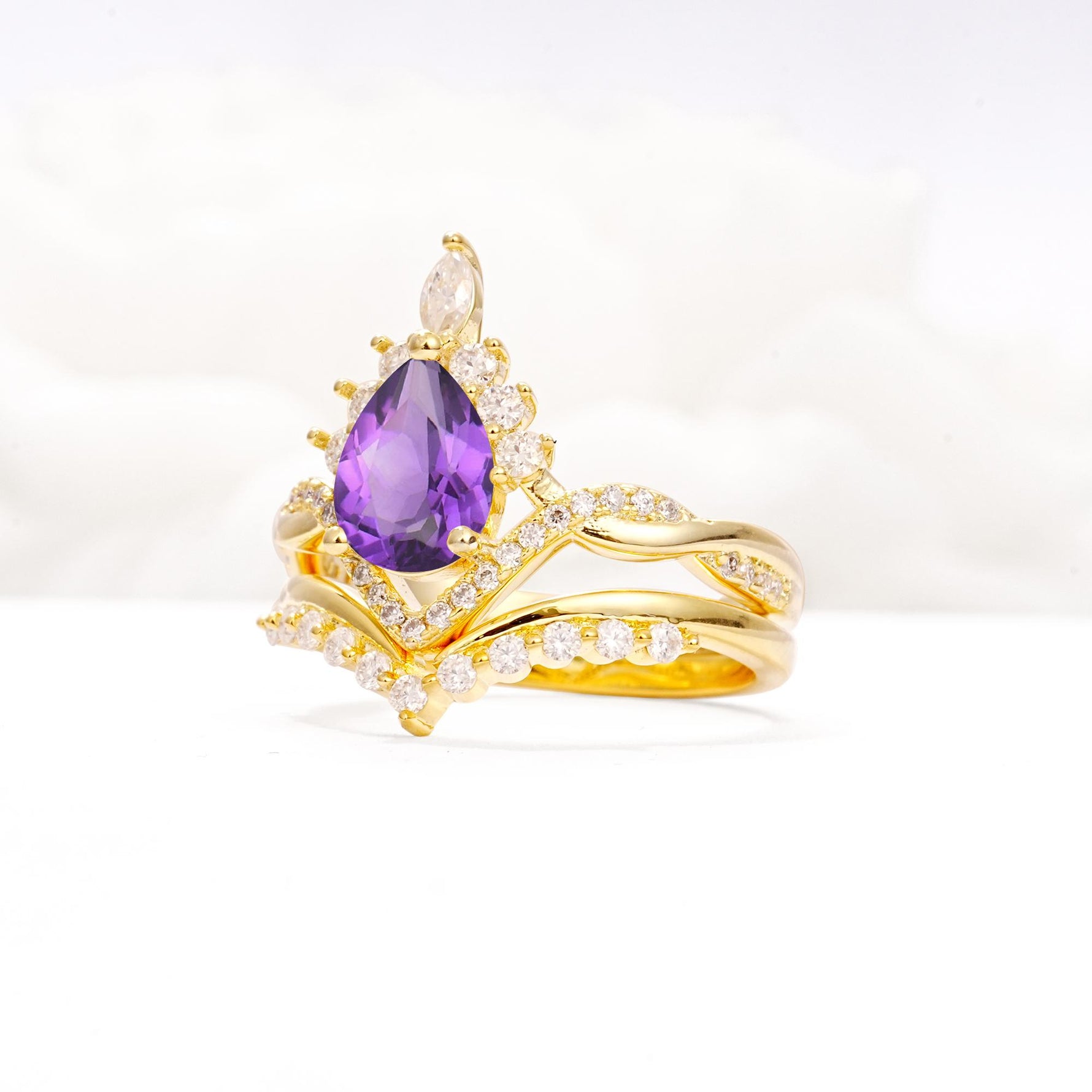 Pear Cut Amethyst Crown Engagement Ring Set with Chevron Enhancer - Rose-Gold