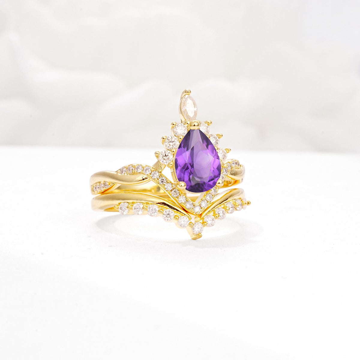Pear Cut Amethyst Crown Engagement Ring Set with Chevron Enhancer - White-Gold