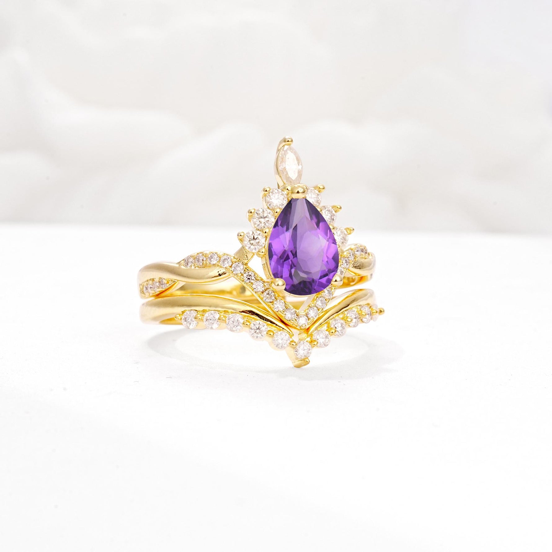 Pear Cut Amethyst Crown Engagement Ring Set with Chevron Enhancer - White-Gold