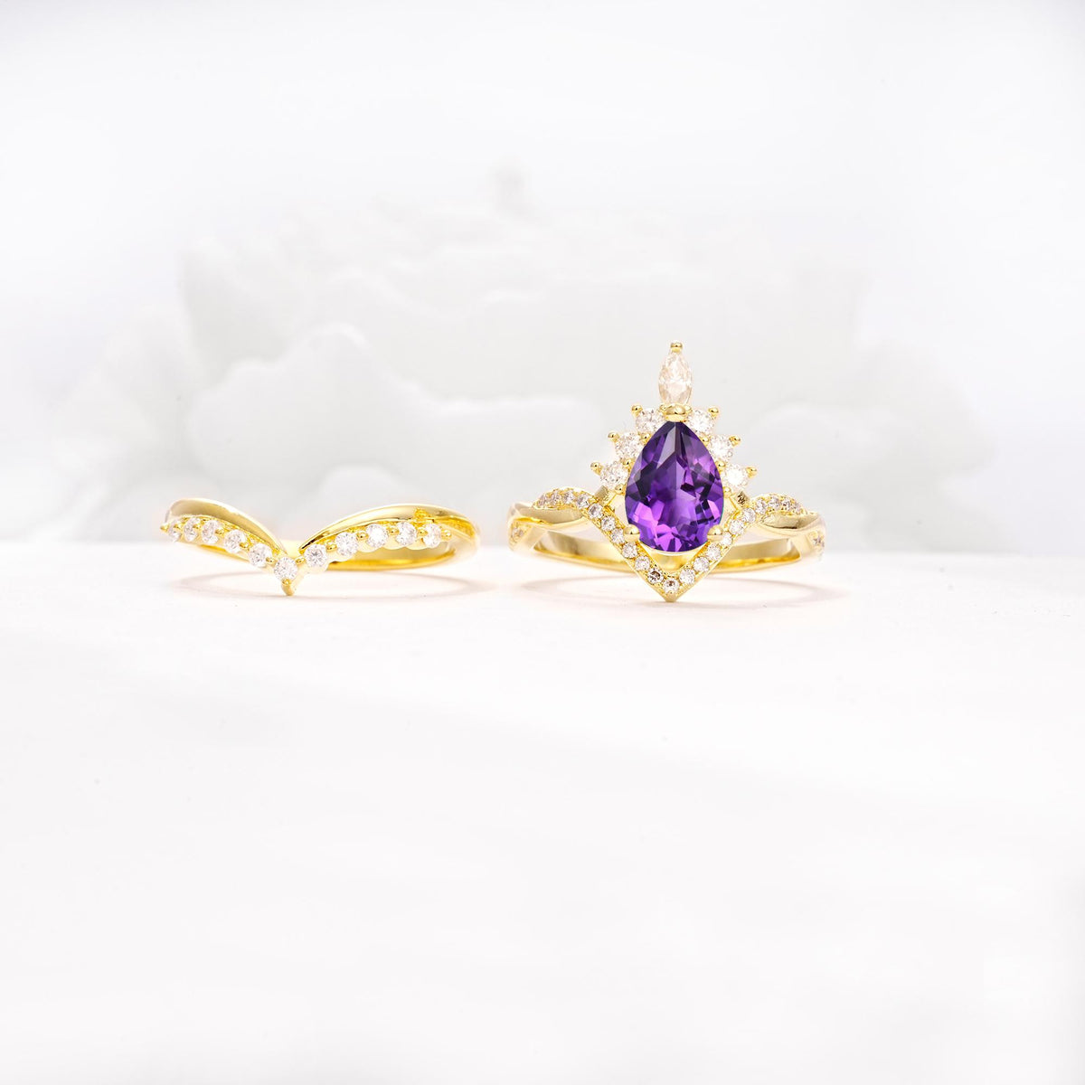 Pear Cut Amethyst Crown Engagement Ring Set with Chevron Enhancer - Additional view