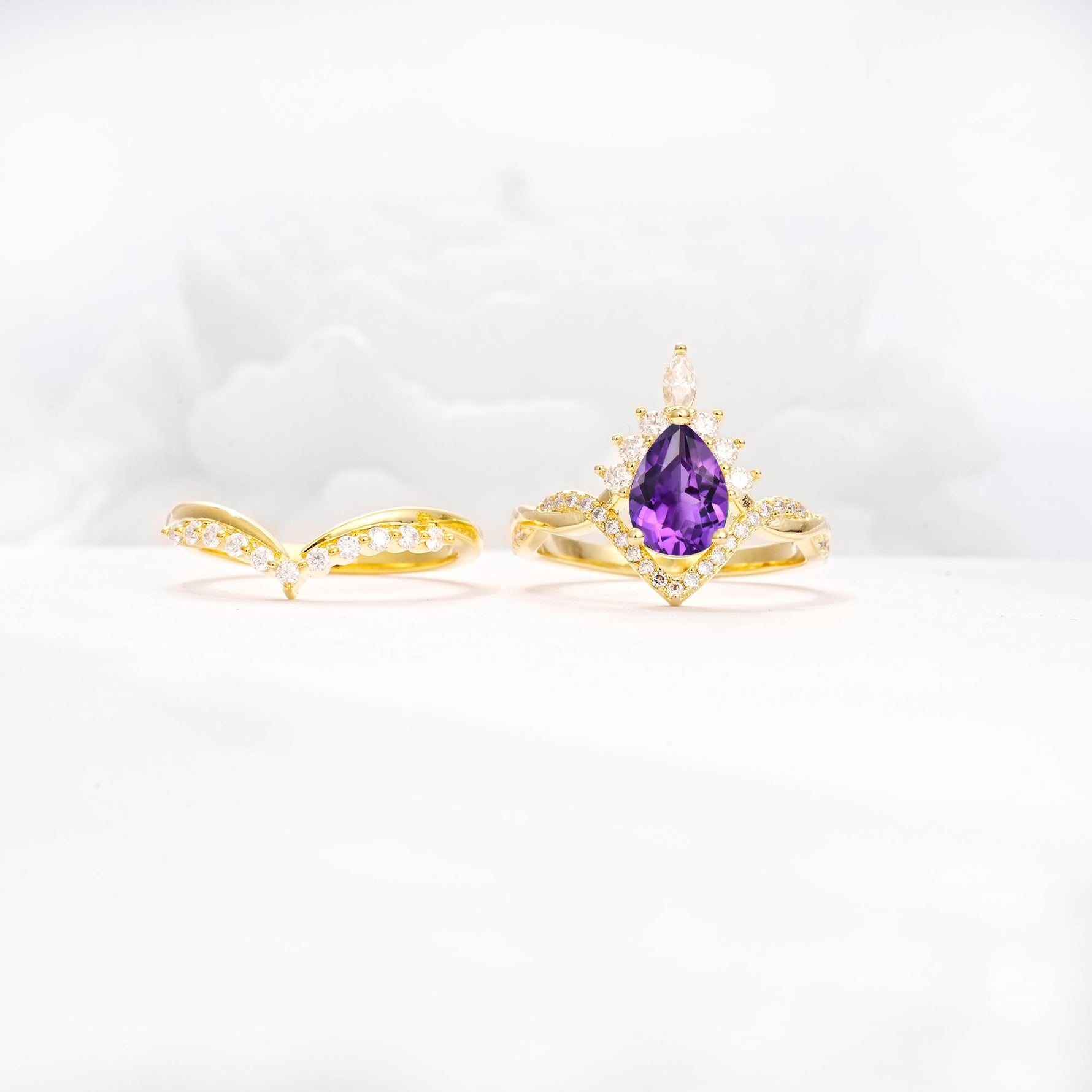 Pear Cut Amethyst Crown Engagement Ring Set with Chevron Enhancer - Additional view