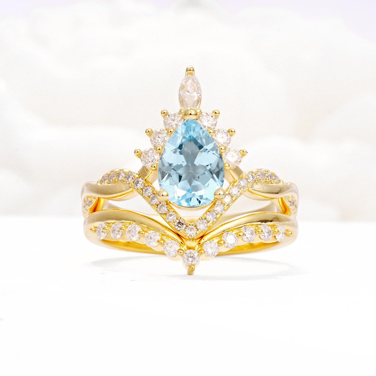Pear Cut Aquamarine Crown Engagement Ring Set with Chevron Enhancer - Yellow-Gold