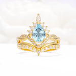 Pear Cut Aquamarine Crown Engagement Ring Set with Chevron Enhancer - Yellow-Gold