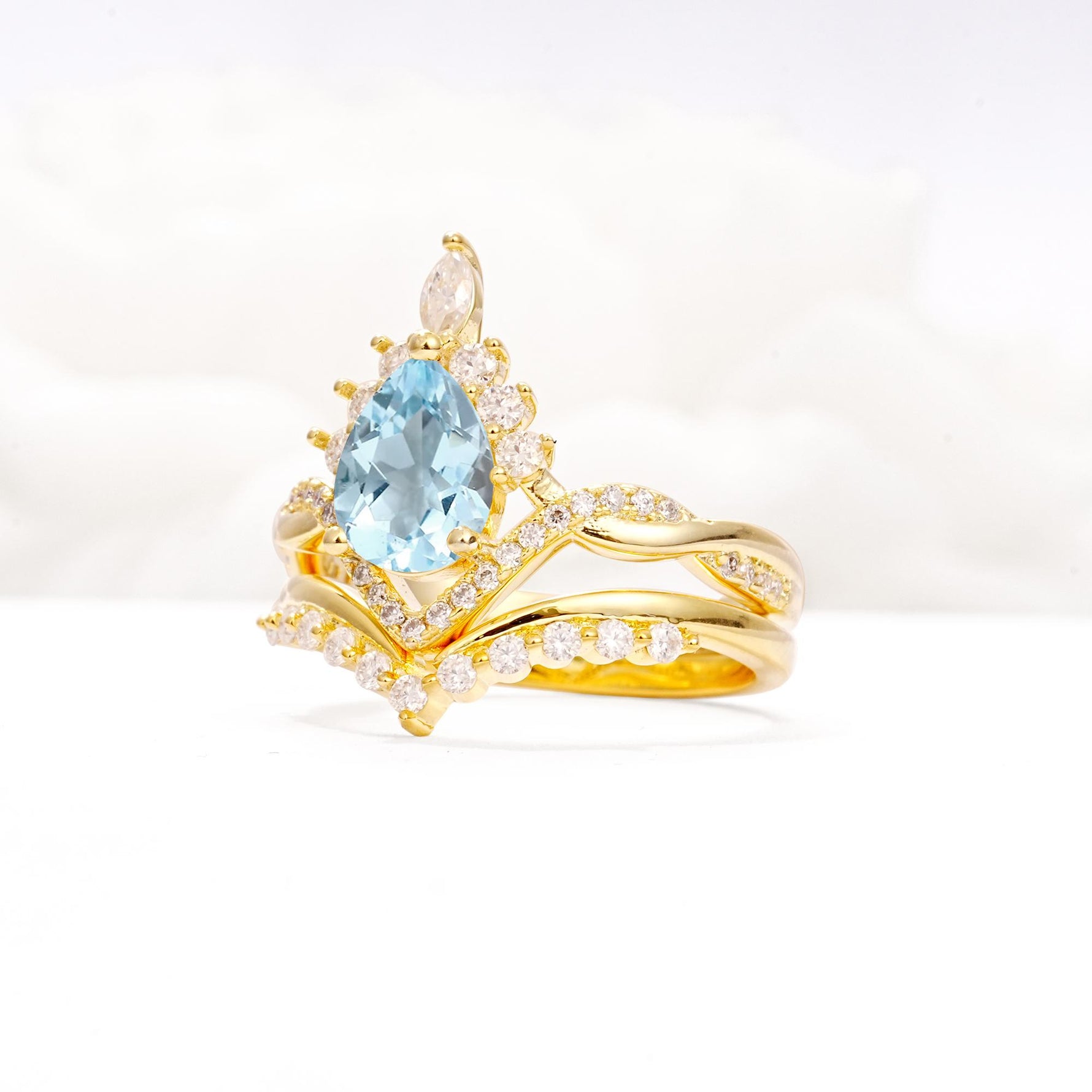 Pear Cut Aquamarine Crown Engagement Ring Set with Chevron Enhancer - Rose-Gold