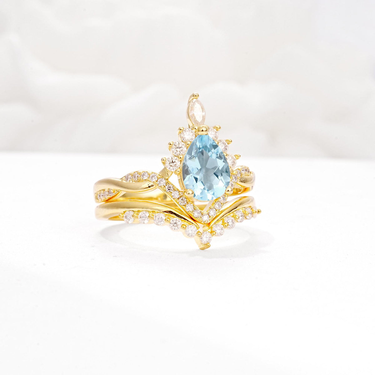 Pear Cut Aquamarine Crown Engagement Ring Set with Chevron Enhancer - White-Gold