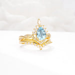 Pear Cut Aquamarine Crown Engagement Ring Set with Chevron Enhancer - White-Gold