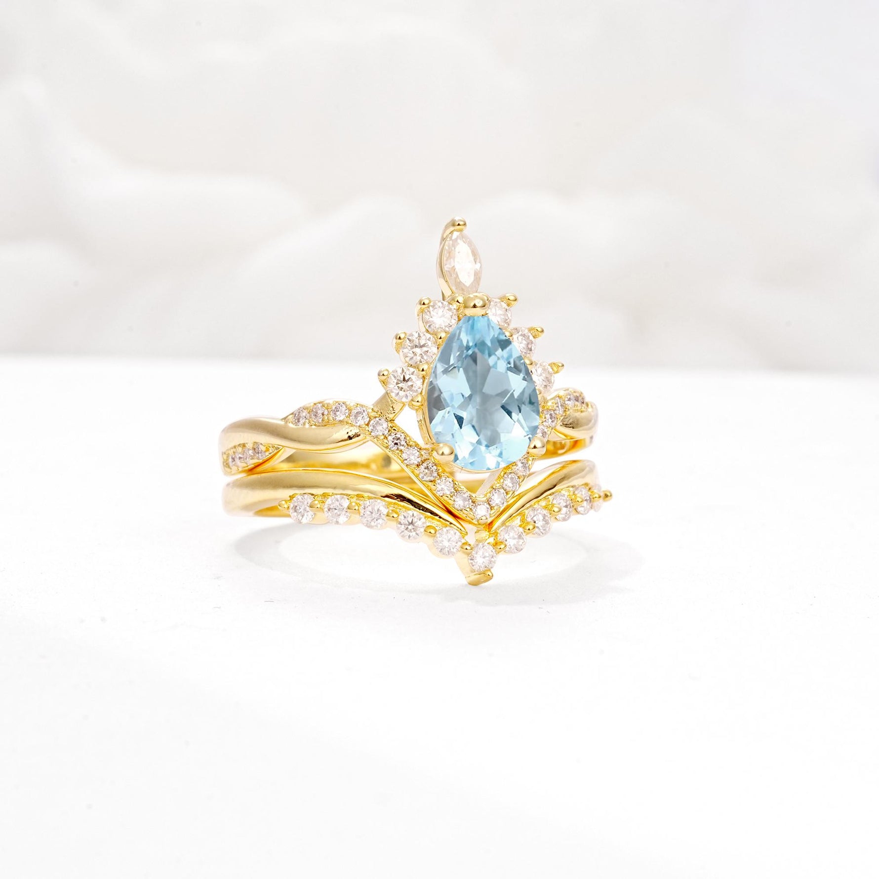 Pear Cut Aquamarine Crown Engagement Ring Set with Chevron Enhancer - White-Gold