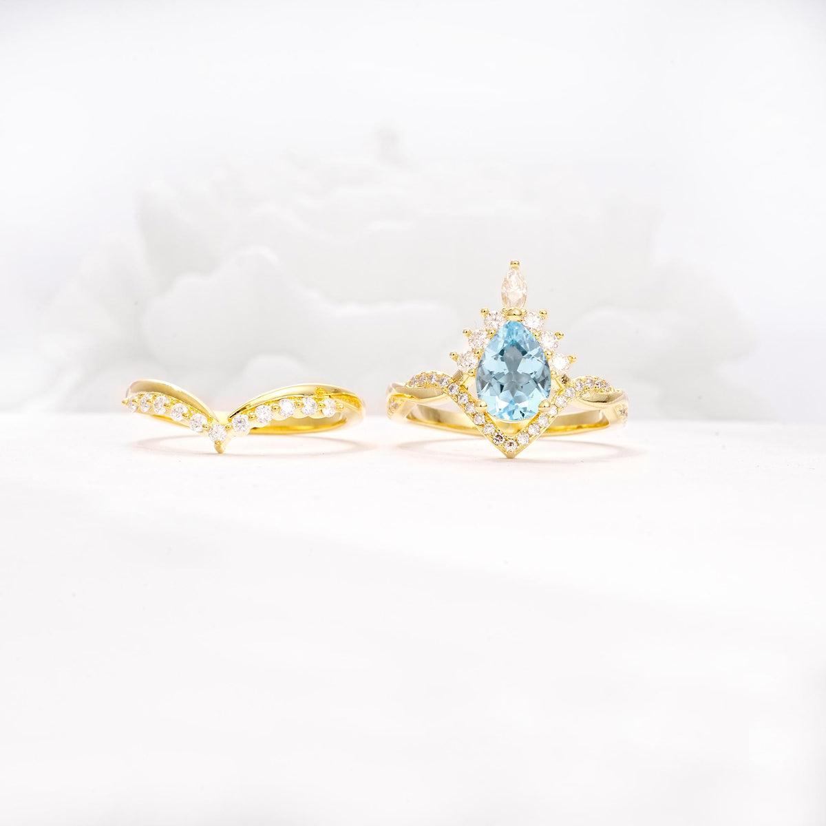 Pear Cut Aquamarine Crown Engagement Ring Set with Chevron Enhancer - Additional view